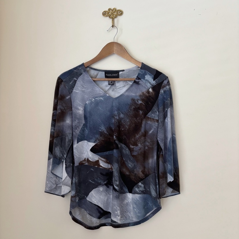 Frank Lyman Blue Watercolor V Neck Split Sleeve Top Sz 6 Work To Weekend